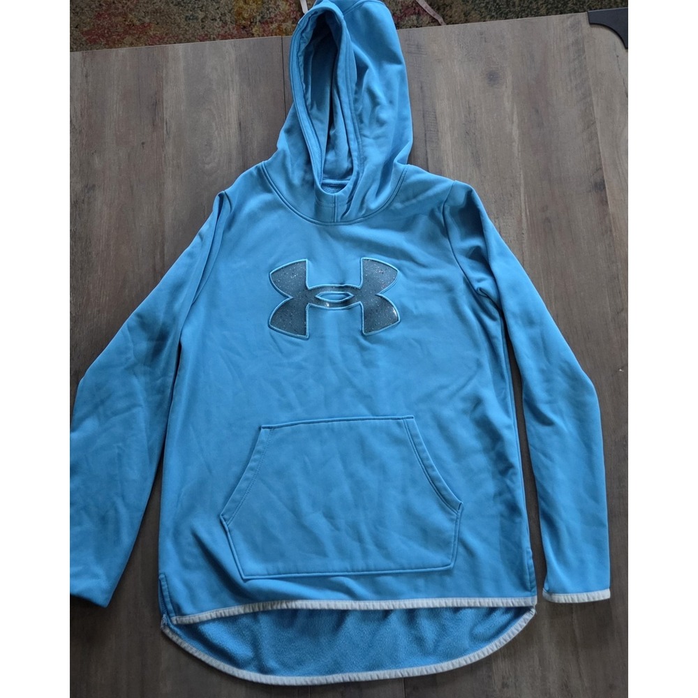 Under Armour Blue Aqua Glitter Logo Pullover Loose Fit Hoodie Girls Youth L